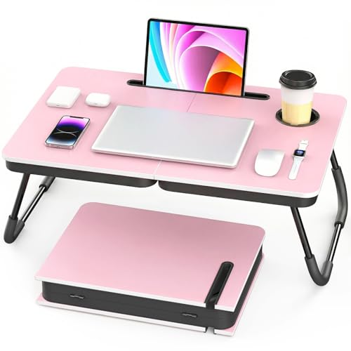 BUYIFY Portable Foldable Laptop Desk for Bed and Couch, Adjustable Lap Desk with Cup Holder and Phone Holder, Ideal for Working, Reading, Writing, and Breakfast (Pink) - SDC1 - color: Rosepink