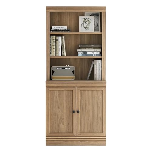 JAHRSTIM Halston Bookcase with Doors, 5-Tier Tall Deep Storage Shelf, Adjustable Shelving Unit Closet Organizer and Storage for Living Room Home Office Bedroom, Modular Deep Bookcase with Doors - color: Oak, size: Multi-Depth w/Doors