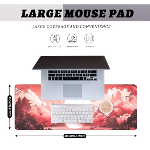 Sunset Gaming Mouse Pad Japanese Pink Red Bridge Red Maple Art Large Desk Mat with Stitched Edges,Non-Slip Waterproof Rubber Base Mouse Mat 31.5 x 11.8 Mouse Pads for Desk Home Office Gaming - color: Sunset, size: 31.5" x 11.8"