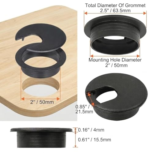 2 Inch Desk Grommet (50mm) - 5 Pack Black Plastic Cable Management Kit, Wire Covers for Cords Pass Through Computer Table, Office Desk Hole Cover for TV Stand & Workstation