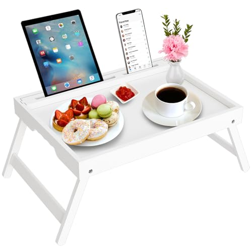 Artmeer Bed Tray Table with Folding Legs, Bamboo Breakfast Food Tray with Media Slot, Use As Platter, Laptop Desk, Snack, TV Tray Kitchen Serving Tray (White Large) - color: White, size: Large