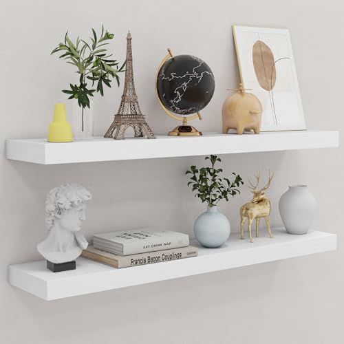 fuqing 36 Inch White Floating Shelves for Wall, Solid Wood White Floating Shelves Set of 2, Lightweight Wood Wall Mounted Shelves for Bathroom Bedroom Living Room Kitchen - color: White, size: 36 Inch