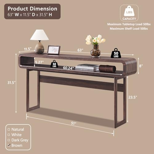 IFGET 63-Inch Long Console Table, 31.5" Tall Modern Entryway Table with Open Storage Shelf, Curved Profile Design, Narrow Wood Sofa Table Behind Couch Tables for Living Room, Hallway, Foyer, Brown - color: Brown