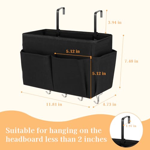 Bedside Storage Organizer 5 Pockets with 4 Hooks Hanging Storage Bag for Headboards/Bunk Bed (Black) - color: Black