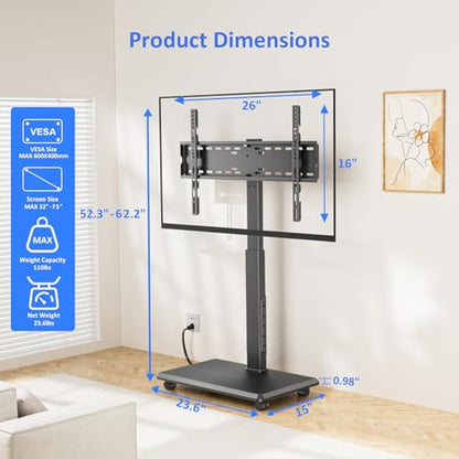 Afaloona Rolling TV Stand with Power Outlet, Mobile TV Stand for 32-75 Inch TVs up to 110 lbs, 30° Swivel TV Floor Stand, 18 Adjustable Heights, TV Cart on Wheels for Bedroom, Office, Outdoor, Black - style: GM-A01