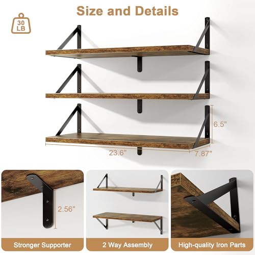 Fun Memories Floating Bookshelves, Set of 3 Wall-Mounted Wood Shelves 24" W x 8" D, Decorative Wall Shelf for Living Room, Bedroom, Bathroom, and Laundry Room (Rustic Brown) - color: Rustic Brown, size: 24"W x 8"D