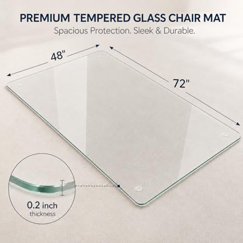 48 x 72 Inch Glass Chair Mat, 1/5 Inch Thick Tempered Glass Office Chair Mat for Carpet and Hardwood Floors, Heavy Duty Clear Desk Floor Protector with Rounded Corners and 8 Non-Slip Pads - size: 72" x 48"