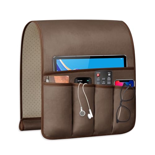 Remote Control Holder for Armchair, Couch Caddy Organizer TV Remote Holder for Bed Storage 5 Pockets, Remote Caddy Bedside Organizer Bedside Table Organizer (Brown, 35"x12.4") - color: Brown, size: 35"x12.4"