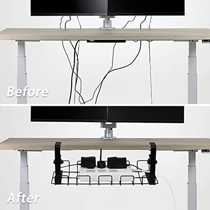2 Pack Cable Management Under Desk Tray, 16", Black | Clamp Mounted, No Drill Holes Needed, For Computer Home Office Standing Tables, Conceals Power Strips