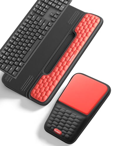 Vaydeer Keyboard Stand and Mouse Pad Set with Wrist Rest, Computer Wrist Support Pad, Soft Memory Foam Desk Cushion, Ergonomic Keyboard Riser Holder Lift with Wrist Support for Office, Gaming, Red - color: Red and Black, style: With Storage Slot