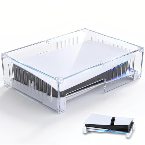 Fletzorb Horizontal PS5 Acrylic Dust Cover, Clear Console Protector for PS5 Slim/Pro with Base, Easy Assembly Heat Dissipation Case, Anti-Scratch & Dustproof, 17" L x 13" W x 6" H - size: 17" x 13" x 6"