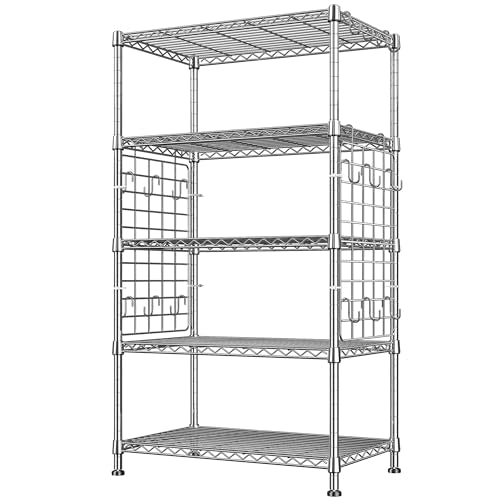 DurayLoly Storage Shelves with Hooks, Metal Shelving 5 Tier Adjustable, Storage Rack 530LBS, Chrome, Metal Shelf Easy Assemble, Wire Shelving for Kitchen, Pantry, 29.5" W x 11.8" D x 59.1" H