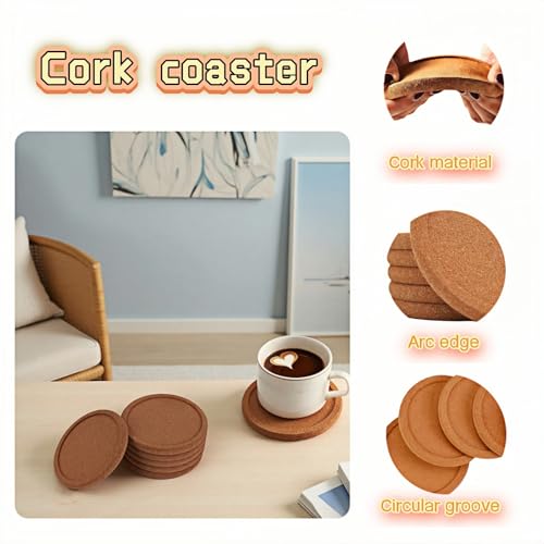6-Pack Cork Coasters, 4 Inch Absorbent Reusable Beverage Coasters with Lip, Heat Resistant Non-Slip Cup Pads for Glasses Mugs, Natural Wood Table Protectors