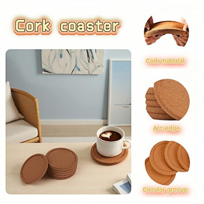 6-Pack Cork Coasters, 4 Inch Absorbent Reusable Beverage Coasters with Lip, Heat Resistant Non-Slip Cup Pads for Glasses Mugs, Natural Wood Table Protectors