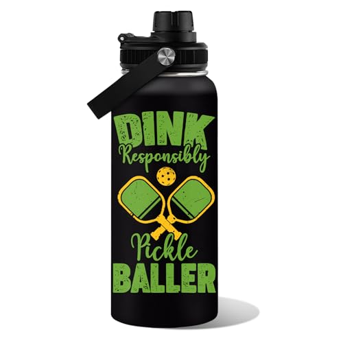 Pickleball Water Bottle 32oz | Insulated Stainless Steel Travel Tumbler with Lid Leak-Proof Keep Hot or Cold, BPA-Free |Dink Responsibly Gifts for Pickleball Lovers - color: Pickleball - blackt
