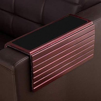 GEHE Couch Arm Tray Table, Flexible/Foldable Sofa Armrest Tray, Couch Armrest Table Cup Holder Great for Drinks Snacks Remote Control, Portable Side Table and Anti-Slip Bottom - color: Mahogany