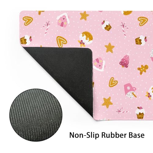 Pink Christmas Gaming Mouse Pad XL Cute Kawaii Cupcake Gingerbread Extended Big Large Desk Mat Non-Slip Rubber Base Stitched Edge Xmas Holiday Long Keyboard Mousepad for Computer Laptop,31.5×11.8 in - color: Pink Christmas, size: X-Large