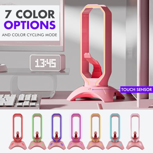 Tilted Nation Cute Headphone Stand Pink | Headset Stand with RGB, Mouse Bungee Holder, and 2 Port USB Hub Charger - Desk Gaming Accessories - color: Pink