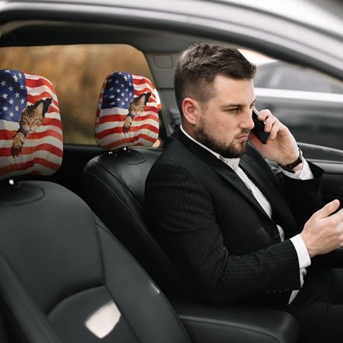 2 Pack Headrest Covers American Flag Head Seat Cover Accessories Funny Cat Pattern for Animal Lover - color: American Flag Red