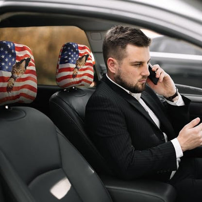 2 Pack Headrest Covers American Flag Head Seat Cover Accessories Funny Cat Pattern for Animal Lover - color: American Flag Red