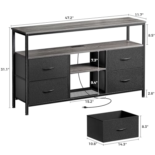 Huuger 47 Inch TV Stand Dresser with Power Outlets and LED Lights | Entertainment Center with 4 Drawers, PU Finish, Grey and Black, Dresser for 55 50 Inch TV, Open Shelf, Media Console - color: Grey and Black, size: 47.2 Inches