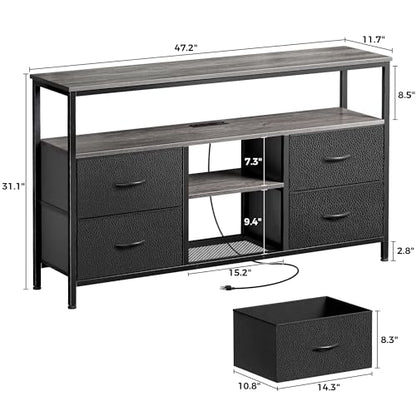 Huuger 47 Inch TV Stand Dresser with Power Outlets and LED Lights | Entertainment Center with 4 Drawers, PU Finish, Grey and Black, Dresser for 55 50 Inch TV, Open Shelf, Media Console - color: Grey and Black, size: 47.2 Inches