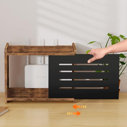 Homode Router Shelf, Wood Wifi Box Hider, Projector Shelf Stand, Router Modem Storage Box Power Strip Cable Management Hider Rack, Routers Cover Organizer for Office Home, Rustic Brown