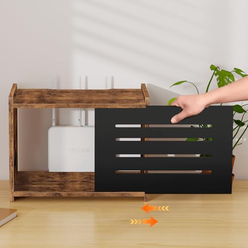 Homode Router Shelf, Wood Wifi Box Hider, Projector Shelf Stand, Router Modem Storage Box Power Strip Cable Management Hider Rack, Routers Cover Organizer for Office Home, Rustic Brown