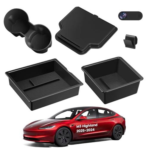 BANKKY 6PCS Center Console Organizer Tray for Tesla Model 3 Highland 2024 2025 Car Accessories with Armrest Storage Tray, Hidden Storage Box, Cup Holder Insert, Camera Privacy Cover, Glove Box Hook - size: 6PCS (24-26) Model3 Black