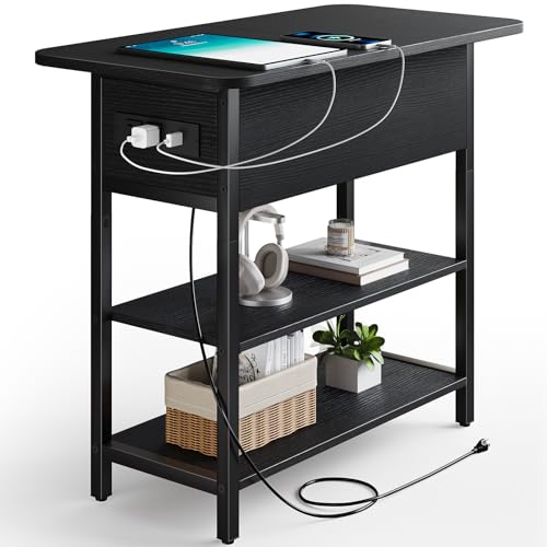 Yoobure End Table with Charging Station, Flip Top Side Table with USB Ports and Outlets, Sofa Couch Table Bedside Table for Living Room Bedroom, Narrow Nightstand with Storage Shelves for Small Space - color: Black