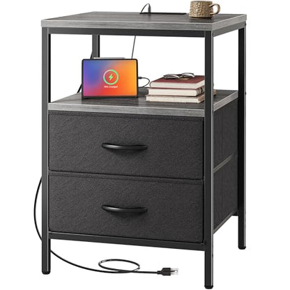 Huuger Night Stand with Charger Station, 27.7 Inch Tall Nightstand, Bed Side Table with 2 Fabric Drawers, Fabric Drawer Dresser for Bedroom, Living Room, Grey - color: Charcoal Gray and Black, size: 11.8"d X 17.7"w X 27.7"h (2 Drawers)