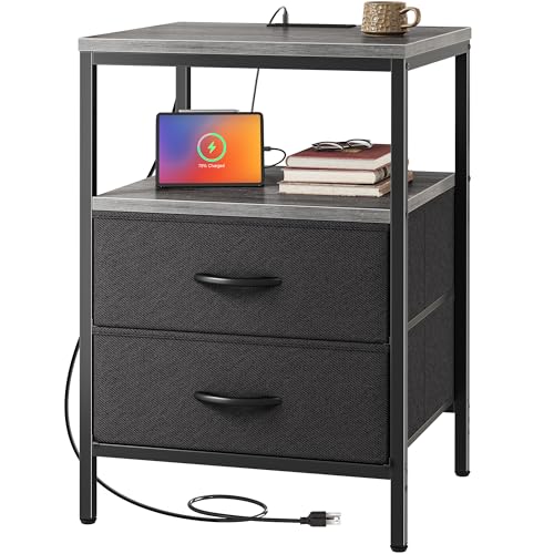 Huuger Night Stand with Charger Station, 27.7 Inch Tall Nightstand, Bed Side Table with 2 Fabric Drawers, Fabric Drawer Dresser for Bedroom, Living Room, Grey - color: Charcoal Gray and Black, size: 11.8"d X 17.7"w X 27.7"h (2 Drawers)