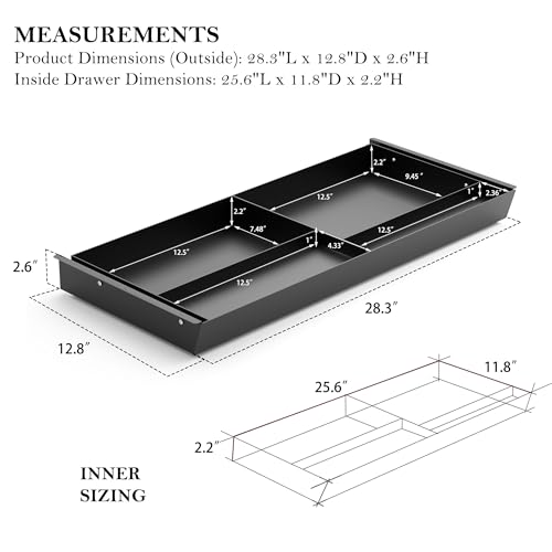 Under Desk Drawer 28.3" Wide, 60° Ergonomic Tilt Organizer with Multi-Compartment – Ball Bearing Slides, Fully Assembled, Under Desk Storage for Home Office Supplies
