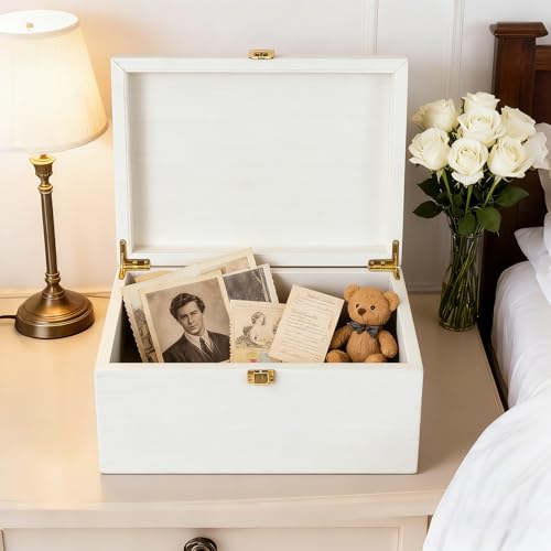 Larger Wooden Memory Wedding Keepsake Boxes With Hinged Lids - Decorative Storage Box With a Hinge Lids For Letter Time Capsule - Wooden Gift Boxes，5.3“*8.6”*11.7“ - White - color: White
