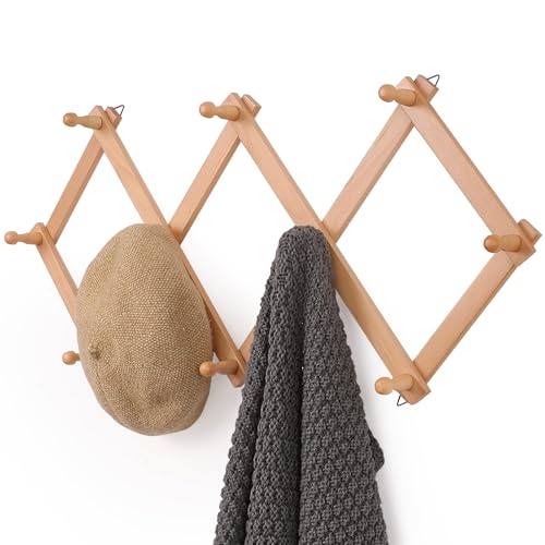 SCUNDA Wall Rack with 10 Hooks, Wooden Wall Expandable Coat Rack for Coat, Hats, Baseball Caps, Coffee Mug, Jewelry(Natural) - color: Natural, size: 10 Hooks