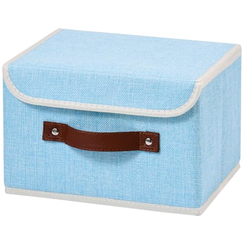 Storage Boxes with Lid Cotton Linen Fabric Storage Bins Organizer Container Decorative Collapsible Washable Shelf Baskets Faux Leather Handles for Home Bedroom Closet (Light Blue, Small) - color: Light Blue, size: Small (Set of 1)