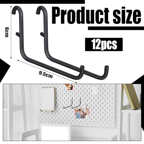 GlikCeil 12 Pcs Pegboard Hooks, 6 x 9.5 Centimeters, Black Pegboard Accessories Compatible with IKEA/Skadis Long Metal Storage Hooks for Home Office Indoor Tool Supply - color: Black