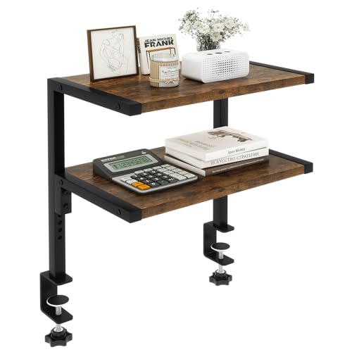 IBUYKE Clamp on Desk Organizer Shelf,12.9 inches Desk Extender Shelves, Above or Below Desk 2-Tier Adjustable Storage Shelves for Desktop Accessories,Rustic Brown,TMZ007H - color: Brown