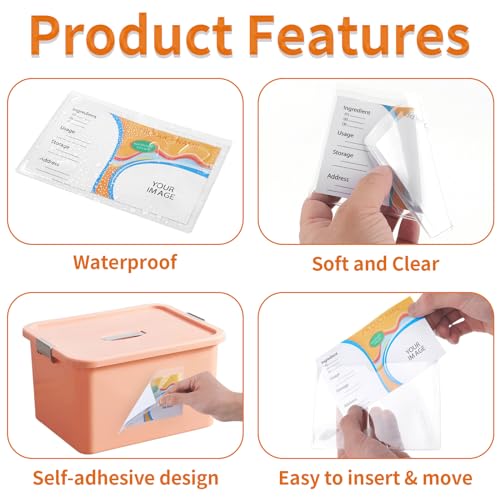 44 Pack Labels for Storage Bins, 3×5 Inches Index Card Holder Organizer, Clear Adhesive Pockets, Plastic Label Holders for Tote Library Card Bins Box Drawer Classroom Organization - size: 3×5 inch