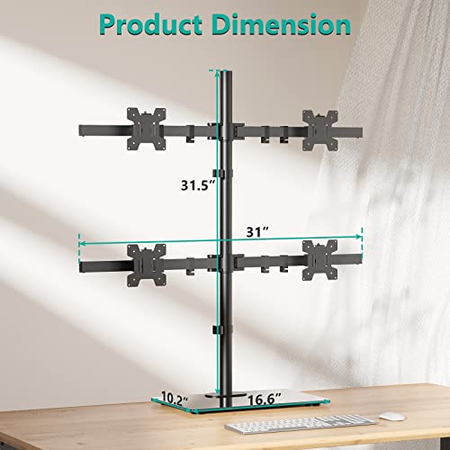 WALI Freestanding Quad Monitor Mount for 17-27 Inch Screens, Fully Adjustable 4 Monitor Stand with Swivel, Tilt, Rotation, Glass Base, Max Load 22 lbs per Arm (GMF004), Black - size: Quad, style: Glass Free Stand