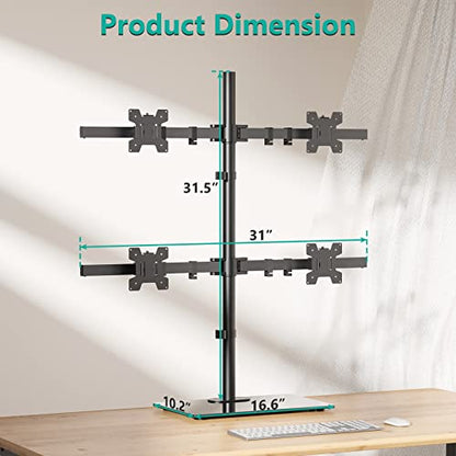 WALI Freestanding Quad Monitor Mount for 17-27 Inch Screens, Fully Adjustable 4 Monitor Stand with Swivel, Tilt, Rotation, Glass Base, Max Load 22 lbs per Arm (GMF004), Black - size: Quad, style: Glass Free Stand