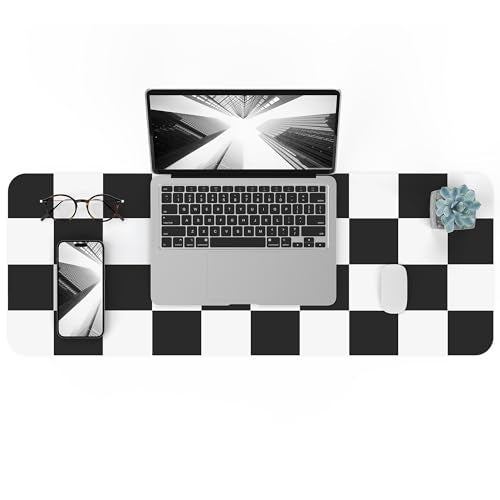 Non-Slip Checkered Desk Mat, 31.5"x12", White Black | Waterproof PU Leather, Large Blotter, Easy Clean, For Work/Home/Decor - color: Blackwhite