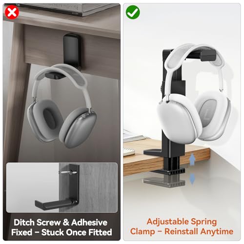 Headphone Stand & Hanger for Desk, 2 in 1 Above & Under Desk Gaming Headset Holder Mount with Height Adjustable & Rotating Clamp, Dual-sided Anti-slip Pad Earphone Rack with Cable Clip Headphone Cases - size: 1 Hooks