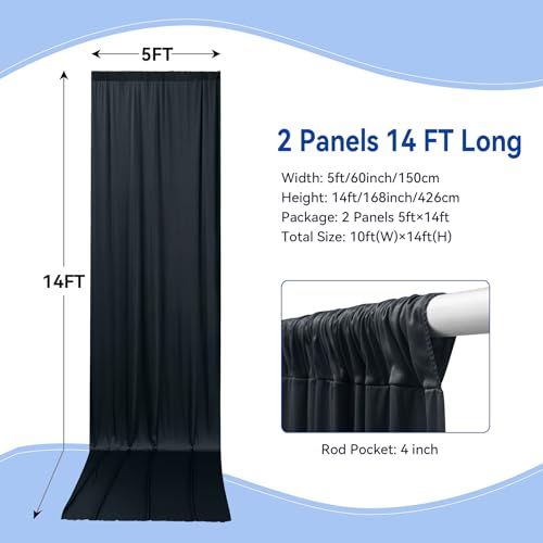 10×14ft Wrinkle Free Black Backdrop Curtain for Parties Wedding,2 Panels 5×14ft Height Soft Silky Polyester Photo Backdrop Drapes for Birthday Graduation Photography Stage Event Background Cloth - color: Black, size: 14ft Long_2 Panels