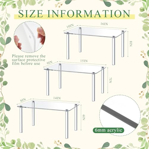RattanView 3 Pcs 16, 15, 14 Inch Acrylic Risers Display Stands Rectangular 4-leg Acrylic Plant Stand, 6mm Thick Clear Shelf Riser Display Stands for Decor Collectibles Figures and Item Photography - size: 16×10×8 In，15×9×7 In， 14×8×6 in