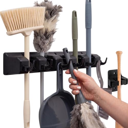 Combo 5 Slot Broom Holder w/ 1 Self Adhesive Mop Gripper No-Drilling, Wall Mount Tool Organizers For Kitchen, Garage, Laundry Room- Anti-Slip Hanger For Brooms, Mops, Rakes, Dustpans (Black / Black) - color: Black, size: 1 Pack w/ Small Broom Holder