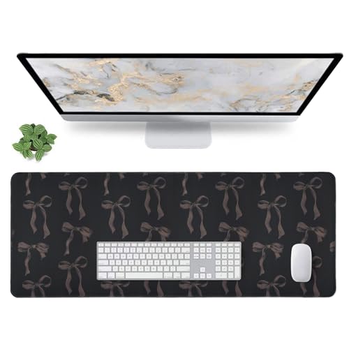 Black Desk Mat with Bows, Cute Mouse Pad Desk Matt for Desktop, 31.5 x 11.8” Large Black Laptop Keyboard Computer Mat XL Desk Pad, Non-Slip Base, Stitched Edge, Girly Office Desk Accessories for Women - color: Black Dark, size: 31.5" x 11.8"