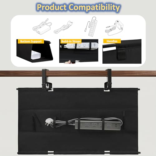 36" Under Desk Cable Management Tray - No Drill Oxford Cloth Cord Organizer with Clamp & Screw Mount - Large Capacity Fabric Cable Holder for Home Office, Gaming Desk & Standing Desk (Black)