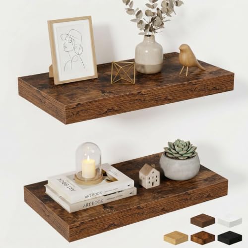 Fun Memories Wood Floating Shelves 20 Inch, 10 Inch Deep Shelves Wall Mount, Wall Shelves with Invisible Bracket, 20" Floating Shelves for Living Room Bathroom Bedroom, Rustic Brown, Set of 2 - color: Brown Color, size: 20W x 10D x 1.5H