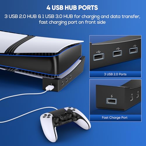 FASTSNAIL Horizontal Stand & Cooling Fan for PS5 Pro/Slim Console, Auto Fan Speed by Temperature and Controller Charger Station, Efficient Cooling System with 3 Fans & 2 USB 3.0 and 3 USB 2.0 Hub - color: Black